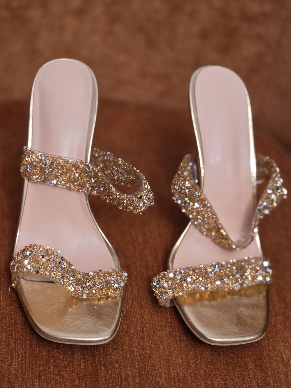 Crystal Embellished Gold Slide Heels - Women's
